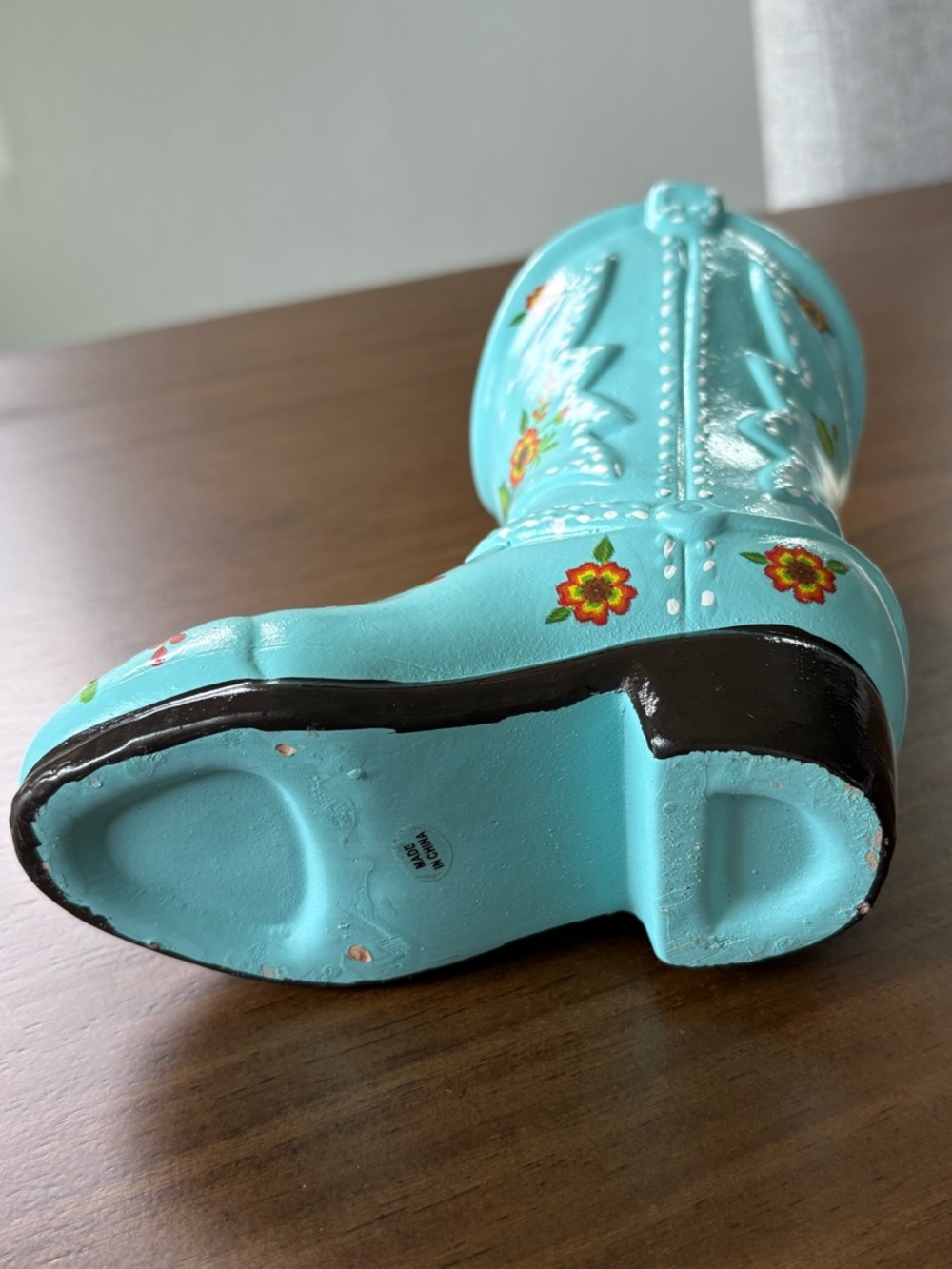 Turquoise Ceramic Cowboy Boot Vase with Floral Accents - Picture 6 of 6